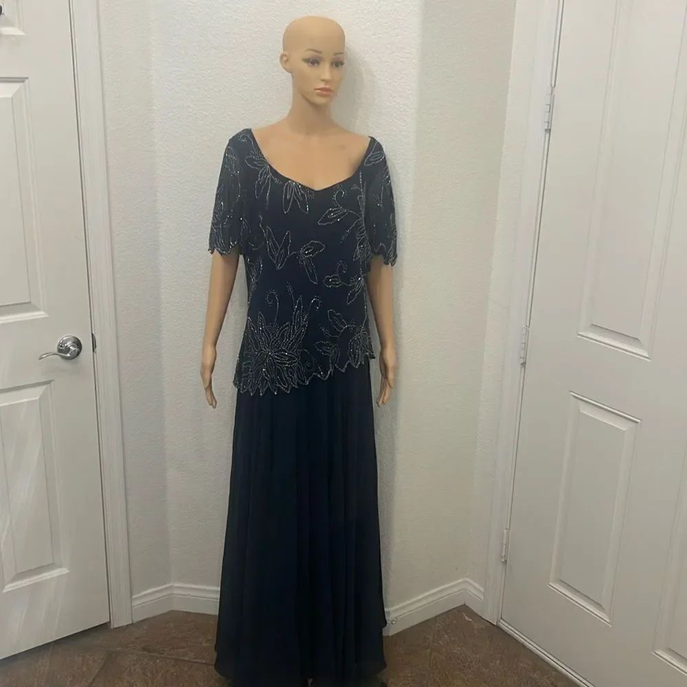 JKara Womanβs DressβSz 16 Navy Sweatheart Neckline Beaded Butterfly SleeveβMaxi